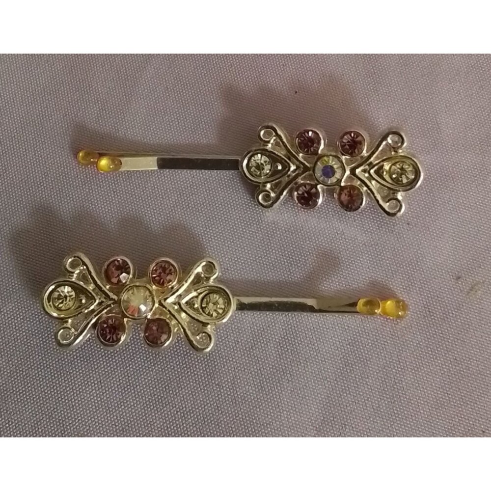 Set Of 2 Vintage Rhinestone Hair Clips Bobby Pins